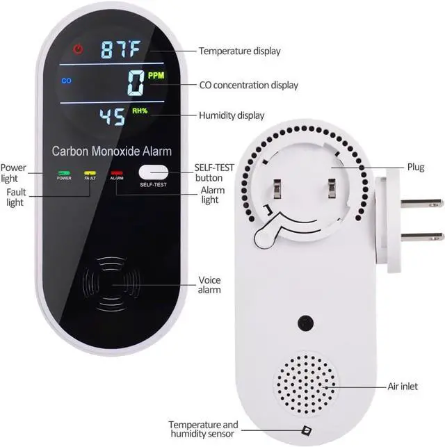 Alt view image 2 of 7 - 3-in-1 Carbon Monoxide Detectors Plug in Wall, Portable Carbon Monoxide Detector for Travel, CO Gas Meter Temperature Humidity Sensor Built-in with LCD Display Voice Light Warning