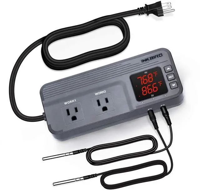 Main image of ITC-608T Temperature Controller with Dual Temperature Sensor AC Dual Stage Outlet Thermostat with 12 Period Time Stage 1800W ETL Listed