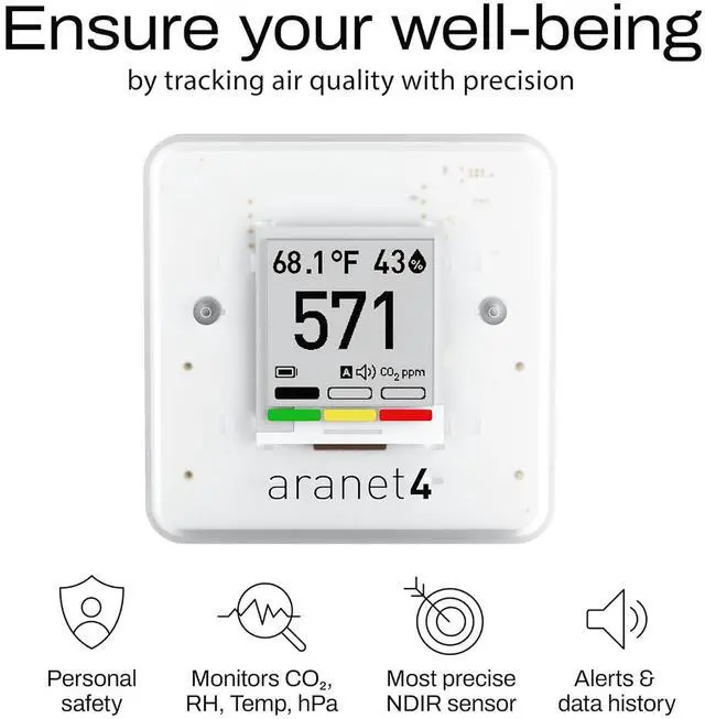 Alt view image 2 of 7 - Aranet4 Home: Wireless Indoor Air Quality Monitor for Office or School (CO2, Temperature, Humidity and More) Portable, Battery Powered, E-Ink Screen, App for Configuration & Data History