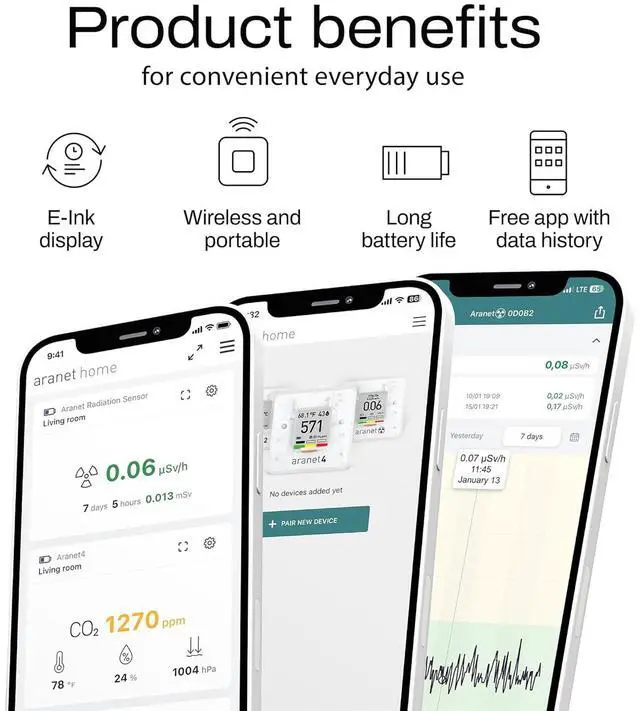 Alt view image 4 of 7 - Aranet4 Home: Wireless Indoor Air Quality Monitor for Office or School (CO2, Temperature, Humidity and More) Portable, Battery Powered, E-Ink Screen, App for Configuration & Data History