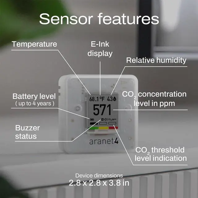 Alt view image 3 of 7 - Aranet4 Home: Wireless Indoor Air Quality Monitor for Office or School (CO2, Temperature, Humidity and More) Portable, Battery Powered, E-Ink Screen, App for Configuration & Data History