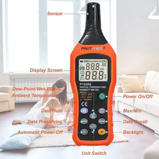 Alt view image 2 of 7 - Digital Temperature Humidity Meter, Thermometer Hygrometer with Ambient Dew Point and Wet Bulb Temperature Indoor and Outdoor, Data Logger with Min/Max Hold, LCD Backlight, PT6508