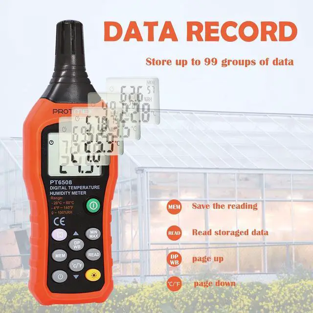 Alt view image 3 of 7 - Digital Temperature Humidity Meter, Thermometer Hygrometer with Ambient Dew Point and Wet Bulb Temperature Indoor and Outdoor, Data Logger with Min/Max Hold, LCD Backlight, PT6508
