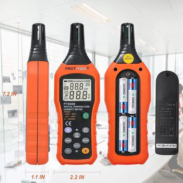 Alt view image 4 of 7 - Digital Temperature Humidity Meter, Thermometer Hygrometer with Ambient Dew Point and Wet Bulb Temperature Indoor and Outdoor, Data Logger with Min/Max Hold, LCD Backlight, PT6508