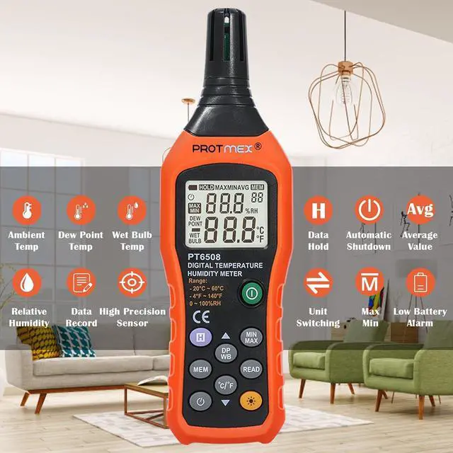 Alt view image 5 of 7 - Digital Temperature Humidity Meter, Thermometer Hygrometer with Ambient Dew Point and Wet Bulb Temperature Indoor and Outdoor, Data Logger with Min/Max Hold, LCD Backlight, PT6508