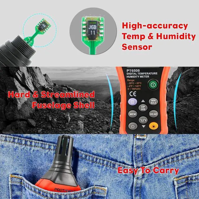Alt view image 7 of 7 - Digital Temperature Humidity Meter, Thermometer Hygrometer with Ambient Dew Point and Wet Bulb Temperature Indoor and Outdoor, Data Logger with Min/Max Hold, LCD Backlight, PT6508