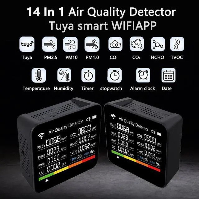 Alt view image 3 of 7 - 14-in-1 Air Quality Monitor, Indoor Temperature Sensors, Detect PM2.5/PM1.0/PM10/CO2/CO/TVOC/HCHO/Temperature/Humidity, Air Quality Meter for Home Office School Hotel