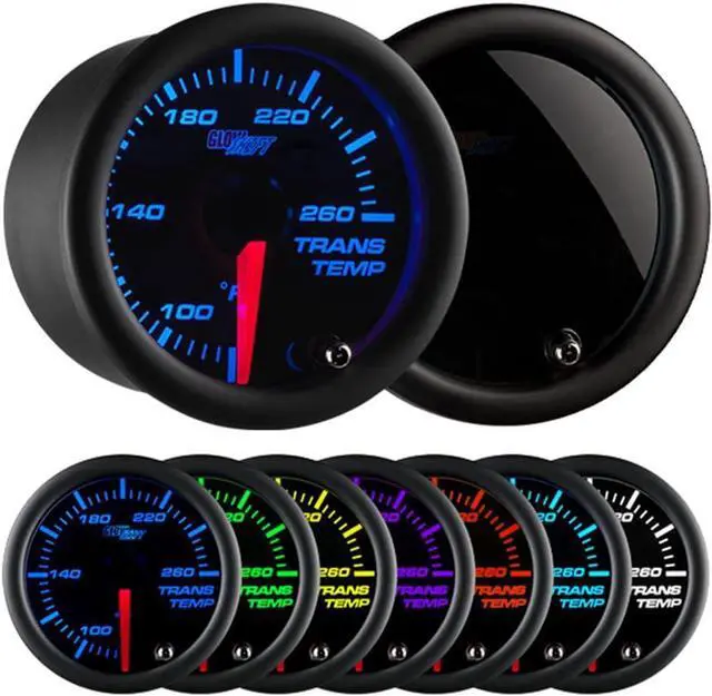 Main image of Tinted 7 Color 260 F Transmission Temperature Gauge Kit - Includes Electronic Sensor - Black Dial - Smoked Lens - for Car & Truck - 2-1/16" 52mm