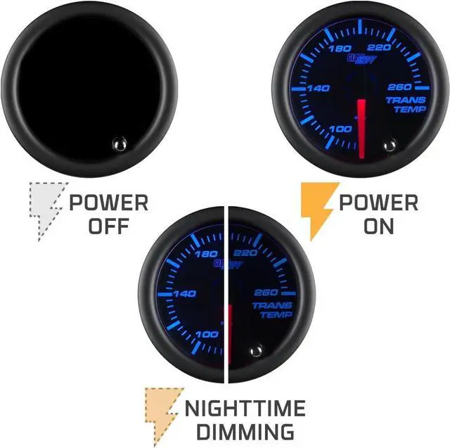 Alt view image 5 of 6 - Tinted 7 Color 260 F Transmission Temperature Gauge Kit - Includes Electronic Sensor - Black Dial - Smoked Lens - for Car & Truck - 2-1/16" 52mm