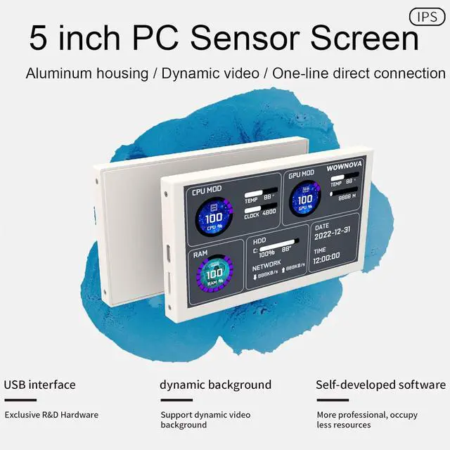 Alt view image 2 of 6 - Computer Temp Monitor (Dynamic Theme Supported), Pc Temperature Display, PC Sensor Panel for PC ARGB Computer Case, IPS Type-C USB Mini Secondary Screen PC CPU RAM HDD Data Monitor (Black)