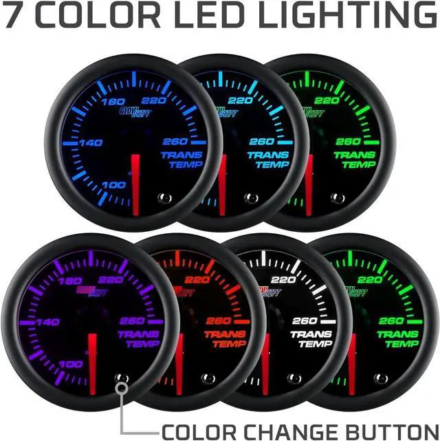 Alt view image 4 of 6 - Tinted 7 Color 260 F Transmission Temperature Gauge Kit - Includes Electronic Sensor - Black Dial - Smoked Lens - for Car & Truck - 2-1/16" 52mm