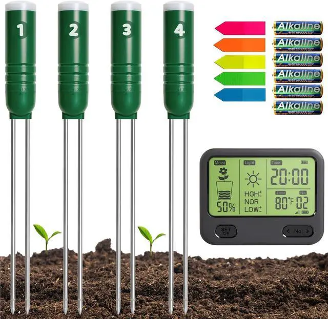 Main image of Soil Moisture Meter for Plants, 4-in-1 Soil Tester for Moisture/Temperature/Sunlight/Time, Digital Sensor, Water Meter for Outdoor &Indoor Plants, Ideal for Garden, Farm, Lawn- Battery Included