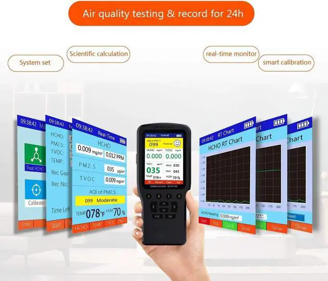 Alt view image 4 of 6 - Air Quality Pollution Monitor, Formaldehyde Detector, Temperature & Humidity Meter, Sensor, Tester; Detect PM2.5/PM10/PM1.0 Micron Dust, Test Indoor TVOC Volatile Organic Compound Gas; eBook