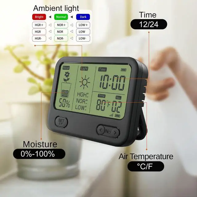 Alt view image 3 of 7 - Soil Moisture Meter for Plants, 4-in-1 Soil Tester for Moisture/Temperature/Sunlight/Time, Digital Sensor, Water Meter for Outdoor &Indoor Plants, Ideal for Garden, Farm, Lawn- Battery Included
