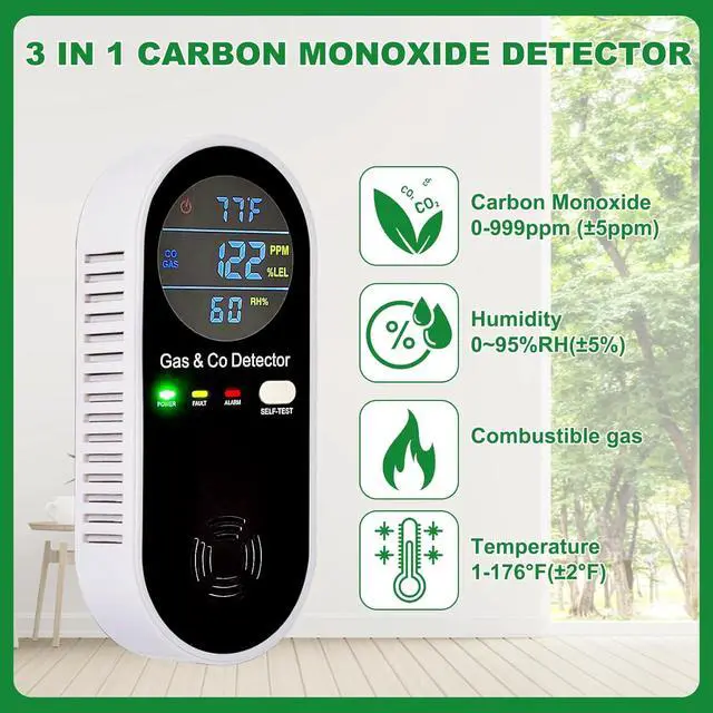 Alt view image 2 of 6 - Monoxide Detectors Plug in Wall, 2 Pack 4-in-1 Rechargeable CO & Gas Temperature & Humidity Sensor Built-in, with LCD Sound & Light Warning for Home/Hotel/RV