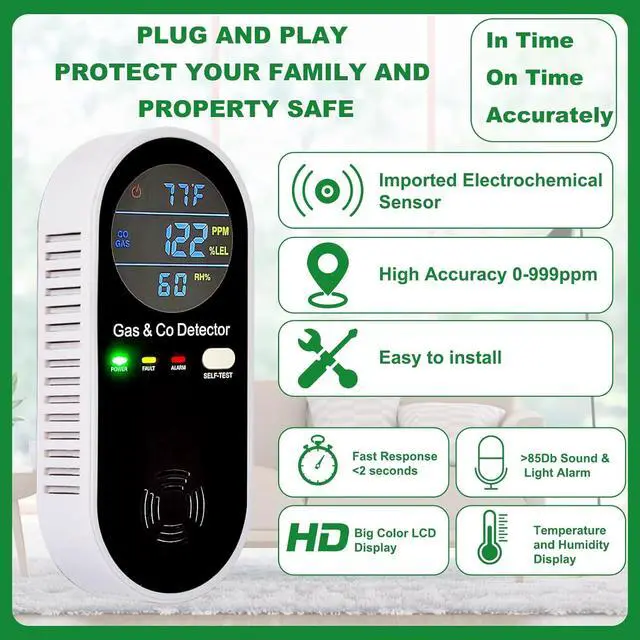 Alt view image 4 of 6 - Monoxide Detectors Plug in Wall, 2 Pack 4-in-1 Rechargeable CO & Gas Temperature & Humidity Sensor Built-in, with LCD Sound & Light Warning for Home/Hotel/RV