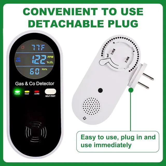 Alt view image 6 of 6 - Monoxide Detectors Plug in Wall, 2 Pack 4-in-1 Rechargeable CO & Gas Temperature & Humidity Sensor Built-in, with LCD Sound & Light Warning for Home/Hotel/RV