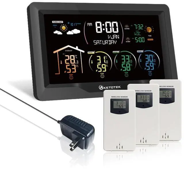 Main image of Wireless Radio Weather Station with 3 Outdoor Sensors Indoor Outdoor LCD Digital Thermometer Hygrometer Barometer with WWVB,Alarm Clock,Weather Forecast,Moon Phase,Sunrise and Sunset Time