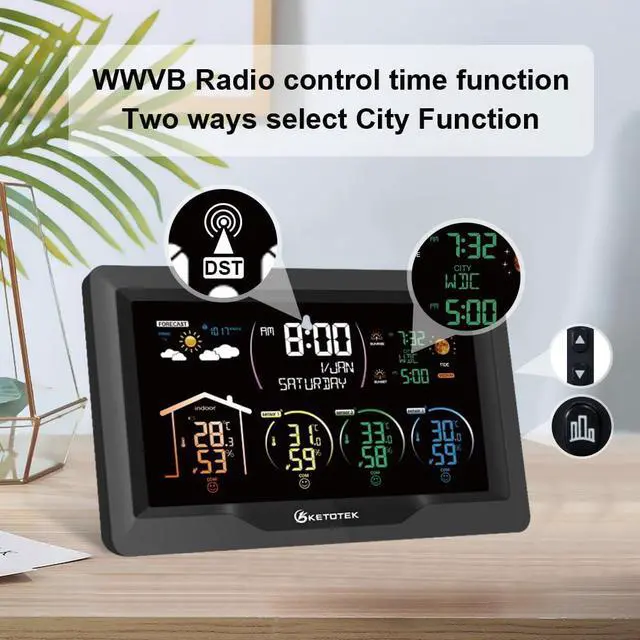 Alt view image 3 of 7 - Wireless Radio Weather Station with 3 Outdoor Sensors Indoor Outdoor LCD Digital Thermometer Hygrometer Barometer with WWVB,Alarm Clock,Weather Forecast,Moon Phase,Sunrise and Sunset Time