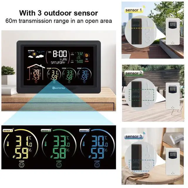 Alt view image 2 of 7 - Wireless Radio Weather Station with 3 Outdoor Sensors Indoor Outdoor LCD Digital Thermometer Hygrometer Barometer with WWVB,Alarm Clock,Weather Forecast,Moon Phase,Sunrise and Sunset Time