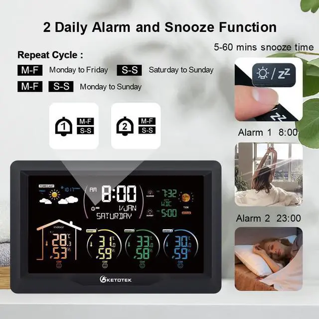 Alt view image 4 of 7 - Wireless Radio Weather Station with 3 Outdoor Sensors Indoor Outdoor LCD Digital Thermometer Hygrometer Barometer with WWVB,Alarm Clock,Weather Forecast,Moon Phase,Sunrise and Sunset Time