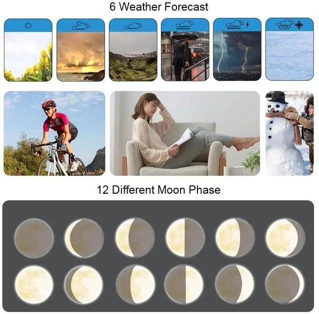 Alt view image 6 of 7 - Wireless Radio Weather Station with 3 Outdoor Sensors Indoor Outdoor LCD Digital Thermometer Hygrometer Barometer with WWVB,Alarm Clock,Weather Forecast,Moon Phase,Sunrise and Sunset Time