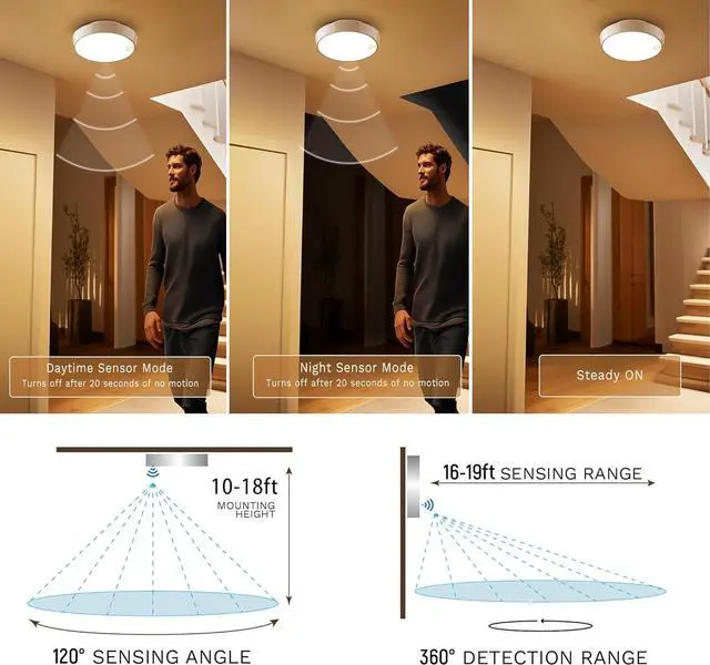 Alt view image 4 of 7 - Motion Sensor Ceiling Light, 2Pack Rechargeable Battery Powered Ceiling Light with 15 Color Temperatures, Motion Activated Closet Light with Magnetic Base for Shower Stairs Hallway Porch Garage