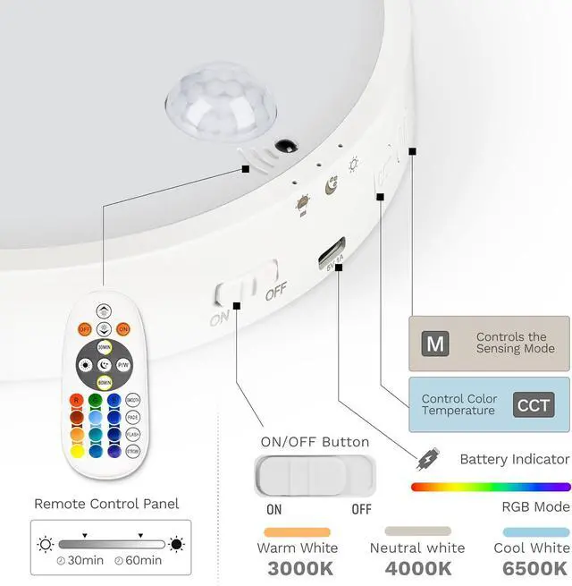 Alt view image 6 of 7 - Motion Sensor Ceiling Light, 2Pack Rechargeable Battery Powered Ceiling Light with 15 Color Temperatures, Motion Activated Closet Light with Magnetic Base for Shower Stairs Hallway Porch Garage
