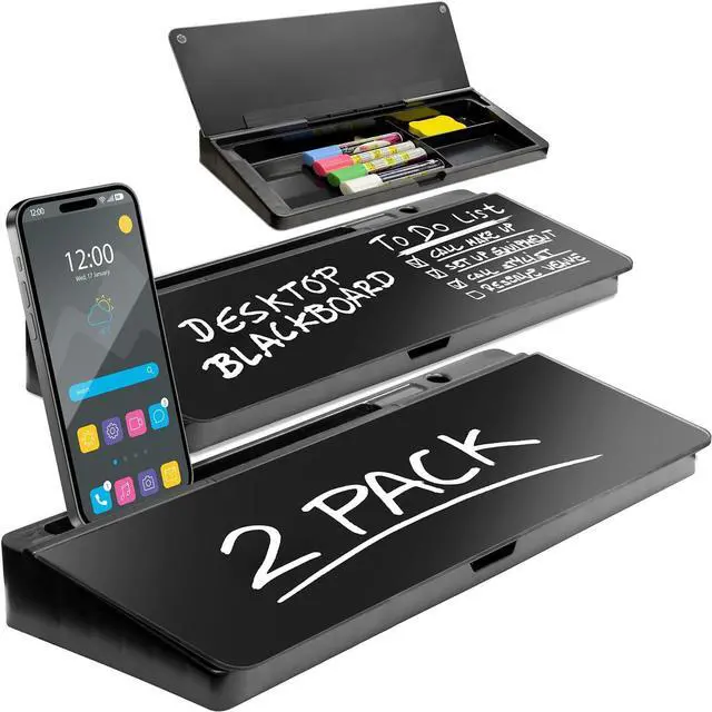 Main image of Glass Dry Erase White Board - Desk Computer Buddy  Home Office & Studying Essentials - with Phone & Tablet Slot, Storage - Includes 4 Markers, 1 Eraser, Black (2 Pack)