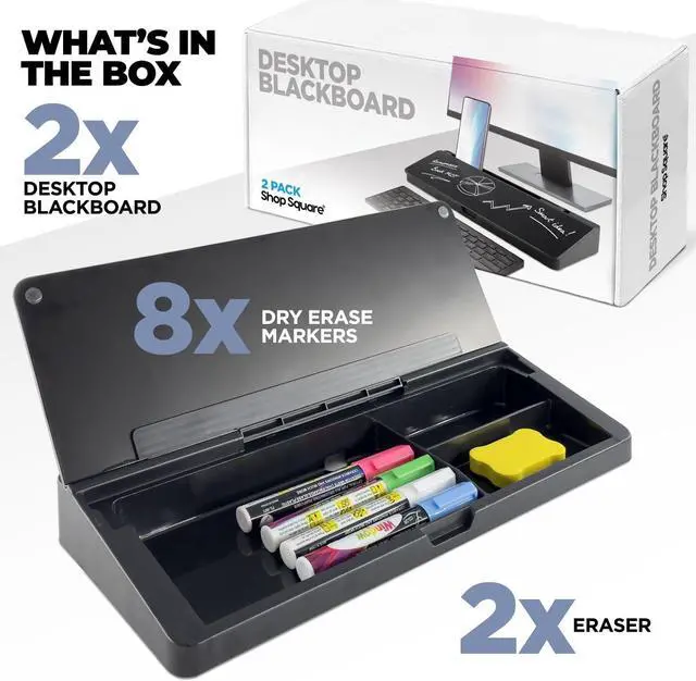 Alt view image 3 of 7 - Glass Dry Erase White Board - Desk Computer Buddy  Home Office & Studying Essentials - with Phone & Tablet Slot, Storage - Includes 4 Markers, 1 Eraser, Black (2 Pack)