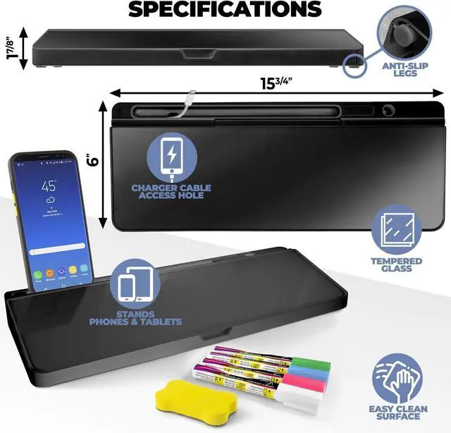 Alt view image 2 of 7 - Glass Dry Erase White Board - Desk Computer Buddy  Home Office & Studying Essentials - with Phone & Tablet Slot, Storage - Includes 4 Markers, 1 Eraser, Black (2 Pack)