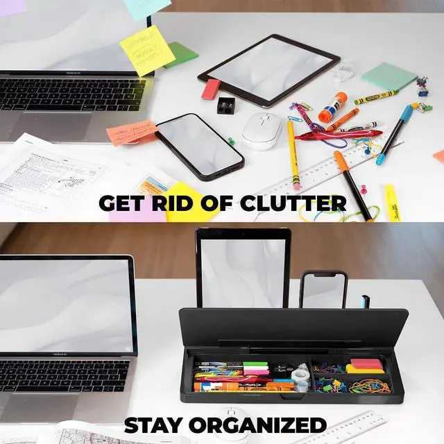 Alt view image 4 of 7 - Glass Dry Erase White Board - Desk Computer Buddy  Home Office & Studying Essentials - with Phone & Tablet Slot, Storage - Includes 4 Markers, 1 Eraser, Black (2 Pack)