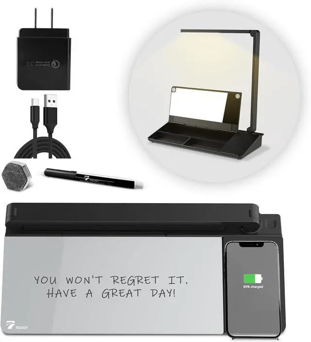 Main image of Small Desk whiteboard - Glass Dry Erase White Board- Desk Computer Buddy with Fast Charger Charging Station, Desk Board Buddy with Adjustable Foldable Desk Lamp, Dry Erase Notepad, Black, 17 x 6 in