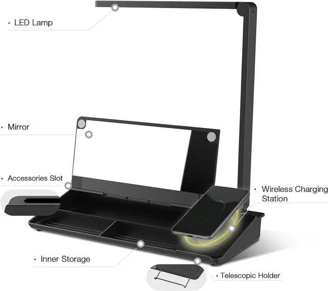 Alt view image 3 of 7 - Small Desk whiteboard - Glass Dry Erase White Board- Desk Computer Buddy with Fast Charger Charging Station, Desk Board Buddy with Adjustable Foldable Desk Lamp, Dry Erase Notepad, Black, 17 x 6 in