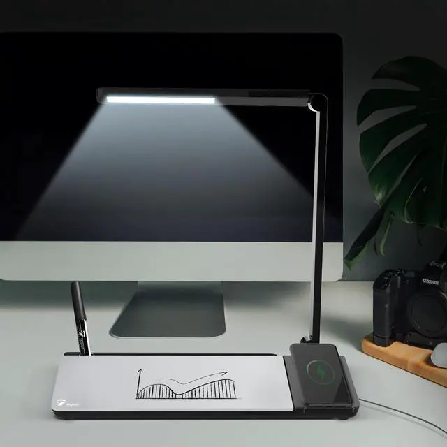 Alt view image 4 of 7 - Small Desk whiteboard - Glass Dry Erase White Board- Desk Computer Buddy with Fast Charger Charging Station, Desk Board Buddy with Adjustable Foldable Desk Lamp, Dry Erase Notepad, Black, 17 x 6 in