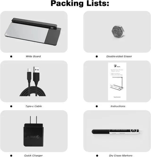 Alt view image 5 of 7 - Small Desk whiteboard - Glass Dry Erase White Board- Desk Computer Buddy with Fast Charger Charging Station, Desk Board Buddy with Adjustable Foldable Desk Lamp, Dry Erase Notepad, Black, 17 x 6 in