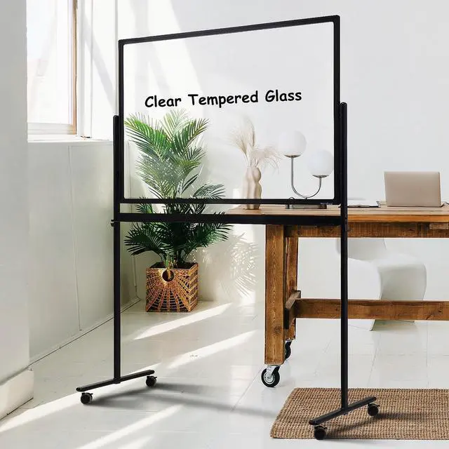 Main image of Mobile Clear Glass Whiteboard on Wheels - TANKEE 48" x 32" Dry Erase Board with Stand, Large Rolling White Board with 25 Sheets Paper Pad, Transparent Tempered Glass Board for Office Home School
