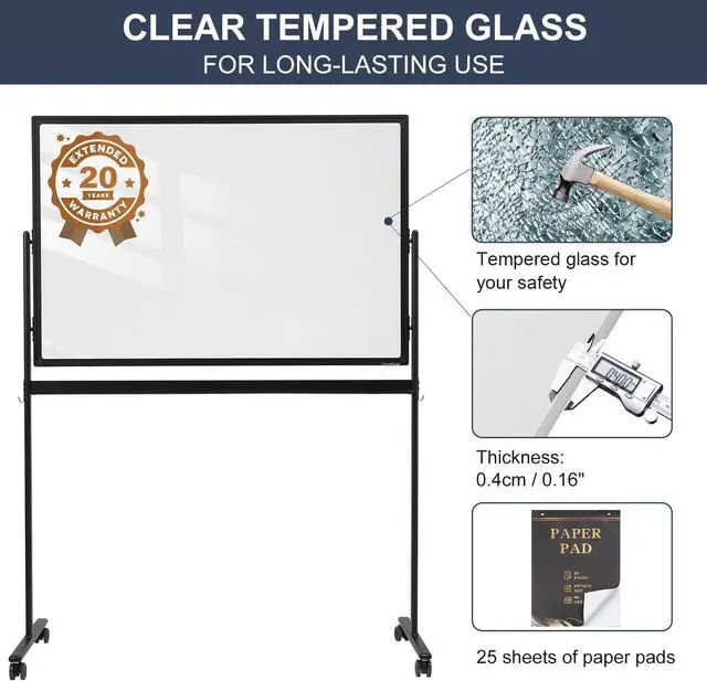 Alt view image 3 of 7 - Mobile Clear Glass Whiteboard on Wheels - TANKEE 48" x 32" Dry Erase Board with Stand, Large Rolling White Board with 25 Sheets Paper Pad, Transparent Tempered Glass Board for Office Home School