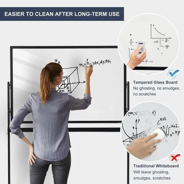 Alt view image 4 of 7 - Mobile Clear Glass Whiteboard on Wheels - TANKEE 48" x 32" Dry Erase Board with Stand, Large Rolling White Board with 25 Sheets Paper Pad, Transparent Tempered Glass Board for Office Home School