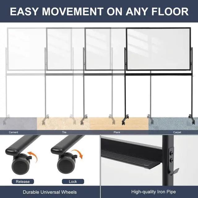Alt view image 5 of 7 - Mobile Clear Glass Whiteboard on Wheels - TANKEE 48" x 32" Dry Erase Board with Stand, Large Rolling White Board with 25 Sheets Paper Pad, Transparent Tempered Glass Board for Office Home School
