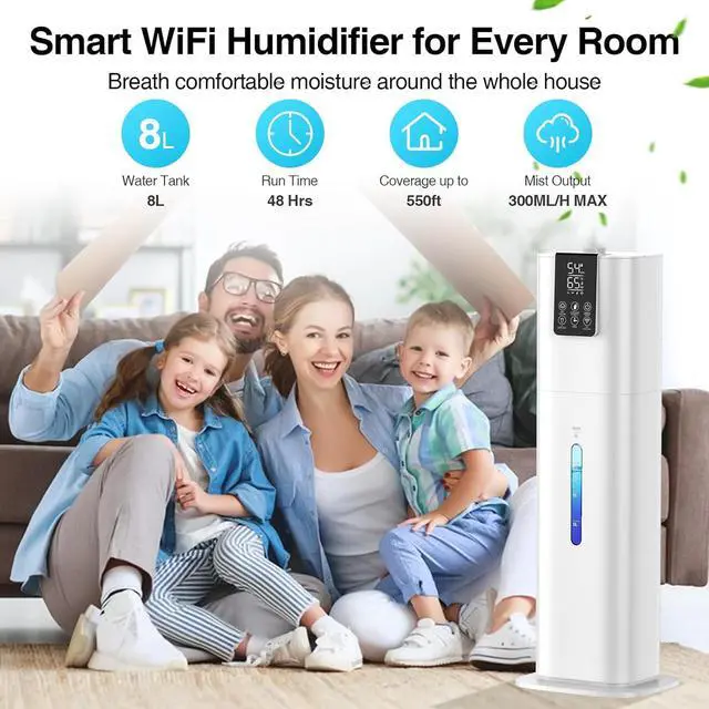 Alt view image 2 of 7 - Smart Humidifiers Large Room Bedroom Home,2.11Gal(8L) Quiet Top Fill Cool Mist Humidifier,Smart App & Remote Control, 3 Speed Humidifier with 360°Nozzle,Humidity Setting for Baby Office Plant(White)