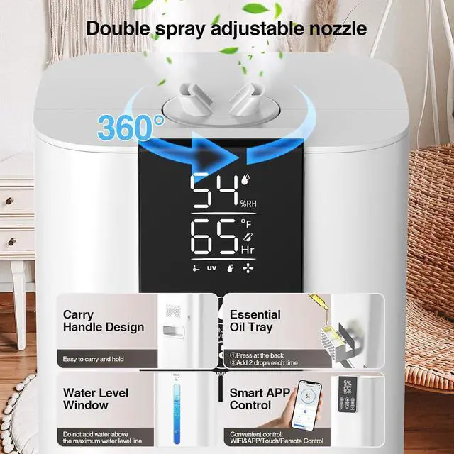 Alt view image 6 of 7 - Smart Humidifiers Large Room Bedroom Home,2.11Gal(8L) Quiet Top Fill Cool Mist Humidifier,Smart App & Remote Control, 3 Speed Humidifier with 360°Nozzle,Humidity Setting for Baby Office Plant(White)