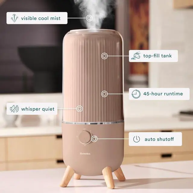 Alt view image 3 of 7 - Homedics Ultrasonic Humidifier, Bedrooms and Home Offices, 0.97-Gallon Tank, 45-Hour Runtime, Visible Ultra-Quiet Cool Mist, Aromatherapy, Demineralization Cartridge, Night-Light, Auto-Off, Taupe