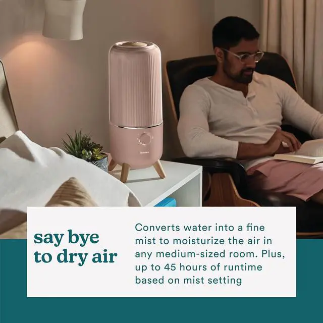 Alt view image 4 of 7 - Homedics Ultrasonic Humidifier, Bedrooms and Home Offices, 0.97-Gallon Tank, 45-Hour Runtime, Visible Ultra-Quiet Cool Mist, Aromatherapy, Demineralization Cartridge, Night-Light, Auto-Off, Taupe
