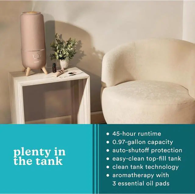 Alt view image 6 of 7 - Homedics Ultrasonic Humidifier, Bedrooms and Home Offices, 0.97-Gallon Tank, 45-Hour Runtime, Visible Ultra-Quiet Cool Mist, Aromatherapy, Demineralization Cartridge, Night-Light, Auto-Off, Taupe