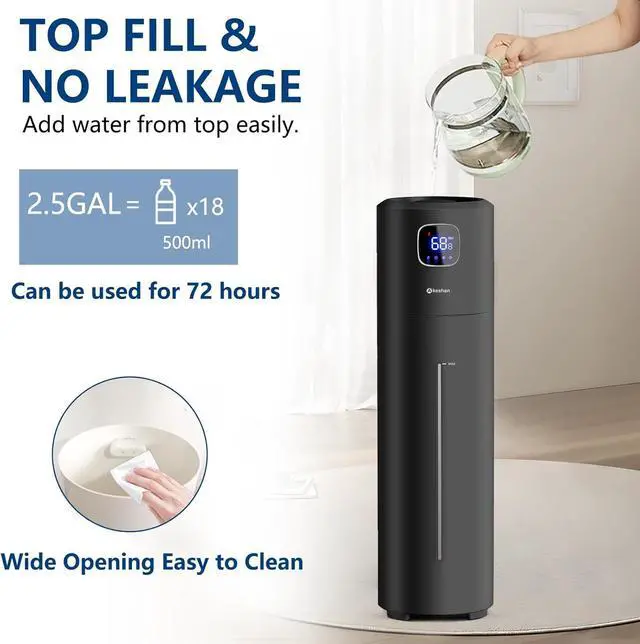Alt view image 3 of 7 - Large Humidifiers for Bedroom, 9L/2.5Gal Ultrasonic Cool Mist Humidifier, Easy Clean Humidifier with 350ML/H Large Mist Speed, Quiet Tower Humidifier, Suitable for Kids Room Plant Yoga (Black)