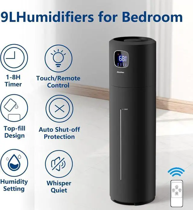 Alt view image 2 of 7 - Large Humidifiers for Bedroom, 9L/2.5Gal Ultrasonic Cool Mist Humidifier, Easy Clean Humidifier with 350ML/H Large Mist Speed, Quiet Tower Humidifier, Suitable for Kids Room Plant Yoga (Black)