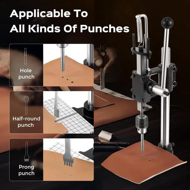 Alt view image 2 of 7 - Leather Hole Puncher, Manual Press Puncher Hand Punching Machine for Leather Craft Arbor Press for Leather Work with Punch Tools Chuck, Plastic Plate and Punches