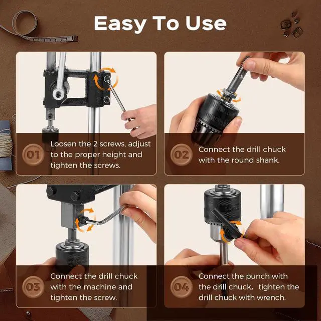 Alt view image 7 of 7 - Leather Hole Puncher, Manual Press Puncher Hand Punching Machine for Leather Craft Arbor Press for Leather Work with Punch Tools Chuck, Plastic Plate and Punches