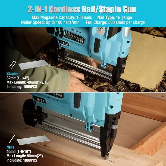 Alt view image 3 of 7 - 20V Cordless Brad Nailer, 18 Gauge, 2-in-1 Nail/Staple Gun for Upholstery, Carpentry, Including 2.0Ah Rechargeable Battery, 1H Quick Charger, 1000 Staples, 1000 Nails and Carrying Case
